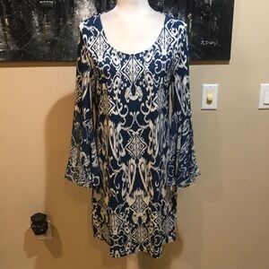 MSK Women's Long Bell Sleeve Print Blue and White Midi Dress-Size L